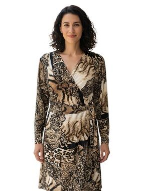 Initiaves Wrap Dress in Beige & Black Animal Print Size L